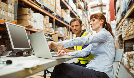 female manager using laptop in warehouse